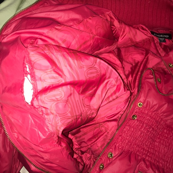 Bebe Cherry Red Bomber Puffer Gold Belted Jacket - Picture 13 of 15